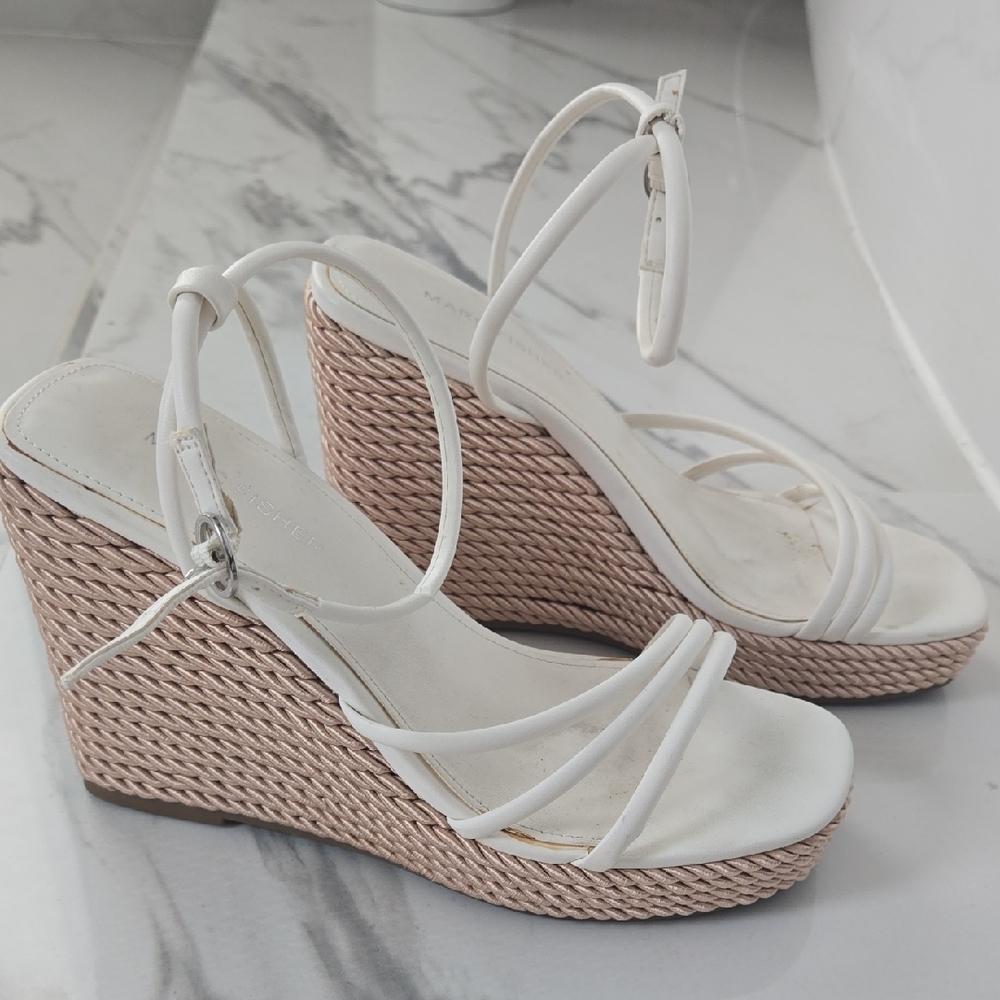 Marc Fisher White and Tan Wedge Sandals